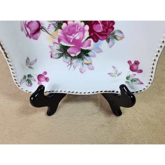 Square Bowl Floral Design Pink Roses 8 1/4" Porcelain Gold Trim Japan Vintage - Picture 5 of 10